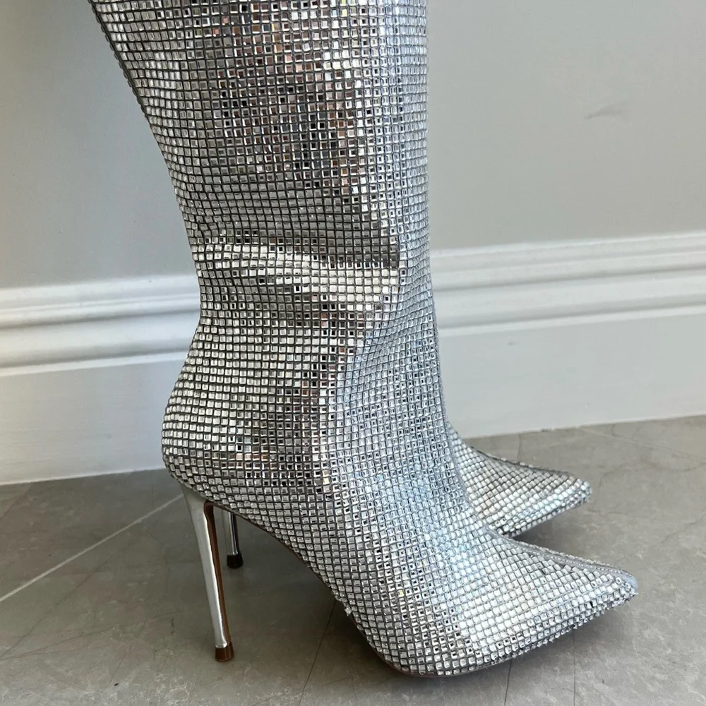 STEVE MADDEN Skyscraper Rhinestone Bling Silver Over The Knee Heels Boots Sz 6.5